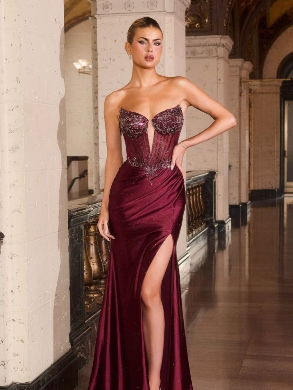 Ladivine Burgundy Strapless Evening Corset Bodice Leg Slit Sheath Dress Prom